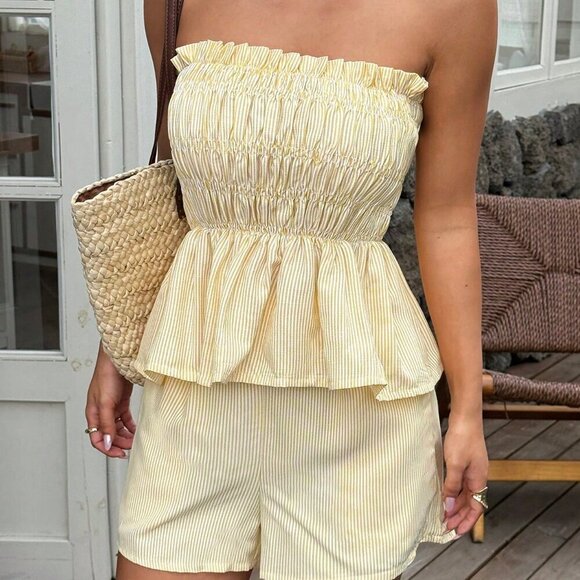 Yellow Boho Womens Striped tube Top And Shorts Set - Picture 10 of 11